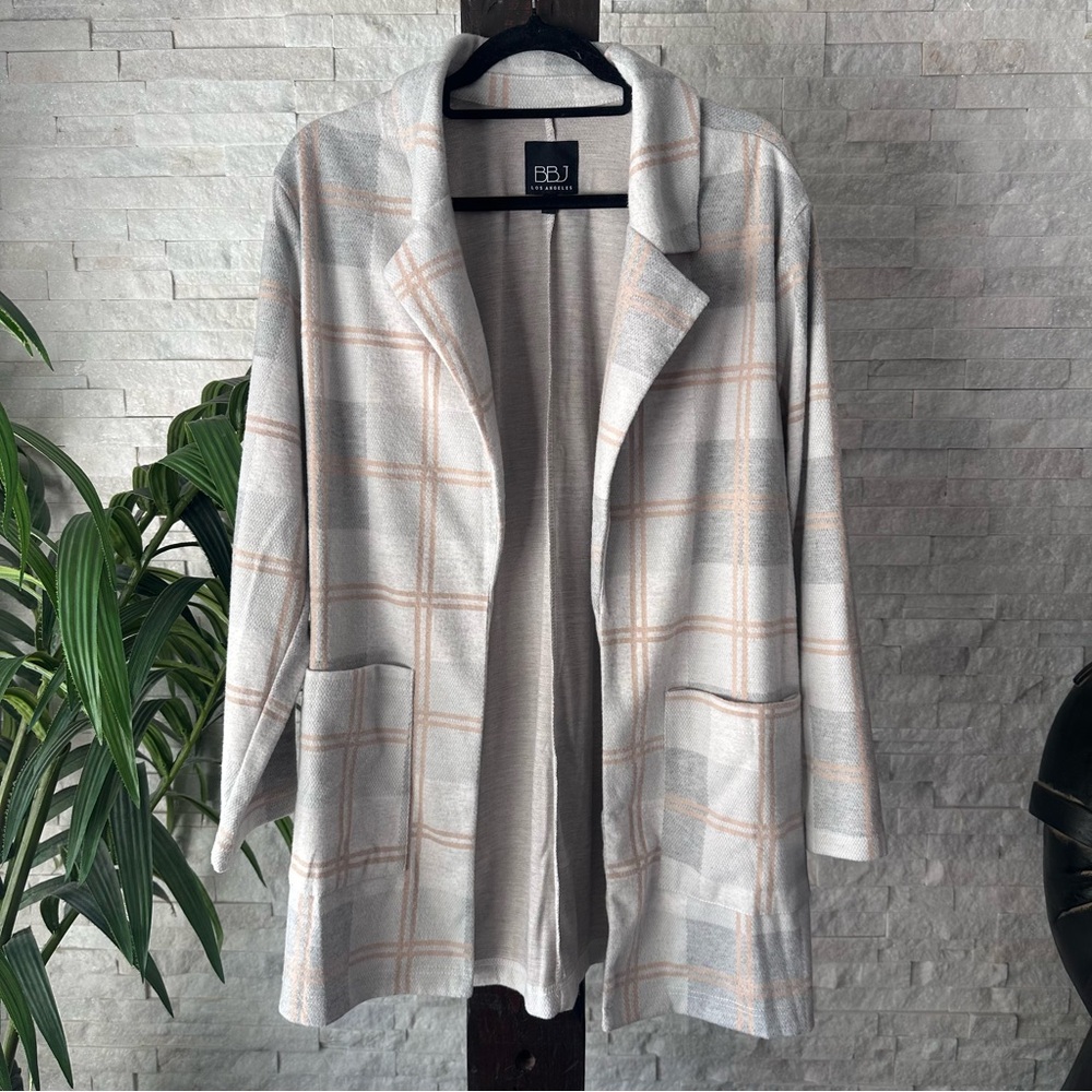 Boom Boom Jeans Plaid Grey Tan Blazer Open Front Jacket Size L New with Tags
